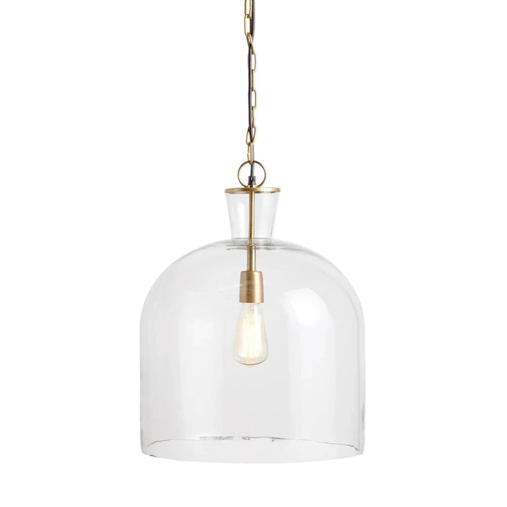 Large clear seeded glass bell pendant with a broad curved body, brass-finished fittings and hanging chain, Transitional style
