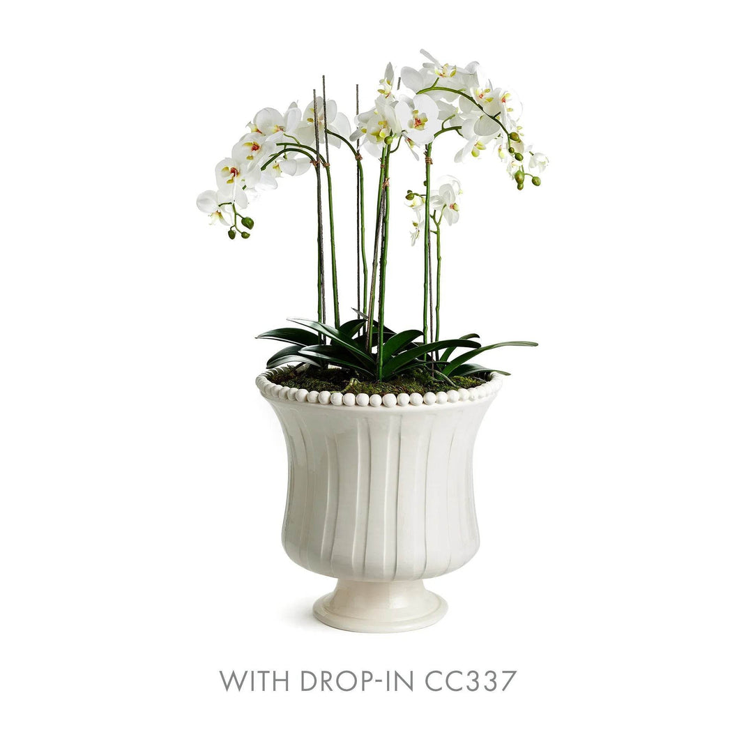 Large white ceramic flared vase styled with orchid drop-in arrangement, pedestal base, handmade in Italy, artisan decor – French Country.

