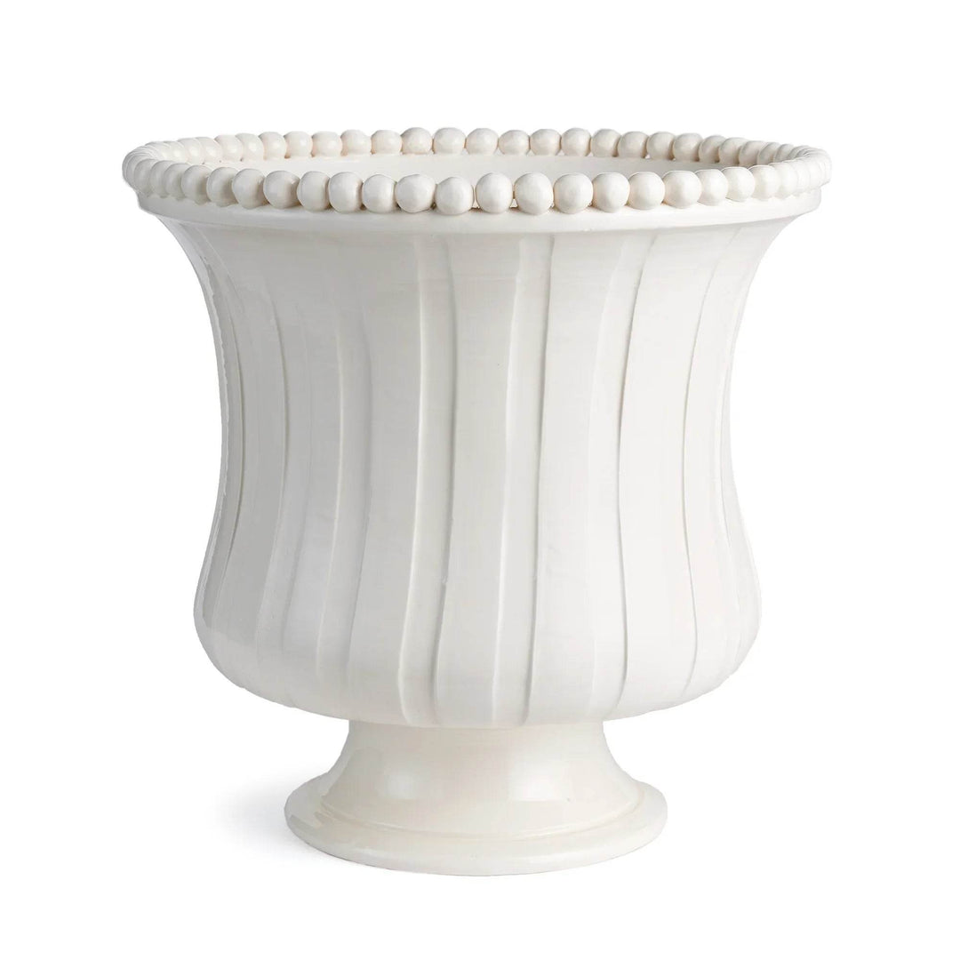 Large white ceramic flared vase with beaded rim and ribbed detail, handmade in Italy, artisan decor accent for home styling – French Country.

