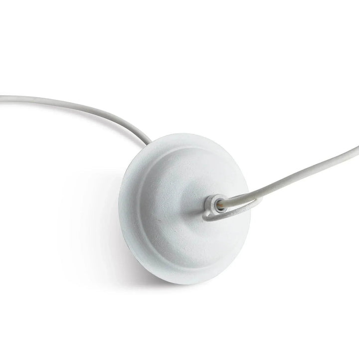Large white pendant ceiling canopy viewed from above, with a round plate and clear cable across white, Modern Farmhouse style