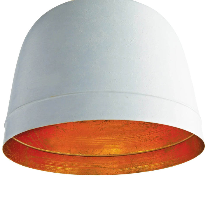 Large white dome shade viewed from below, revealing gold interior beneath a rounded matte white shell, Modern Farmhouse style