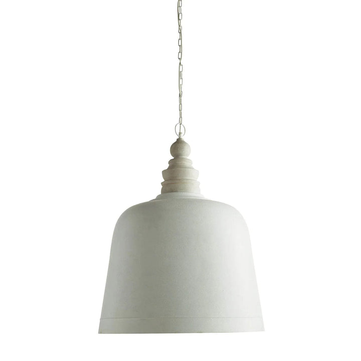 Large white dome pendant with a carved wood detail, rounded metal shade and white chain against white, Modern Farmhouse style