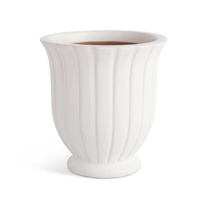 Large white ribbed earthenware planter pot with footed base and drainage hole for indoor or outdoor planting – Modern Organic