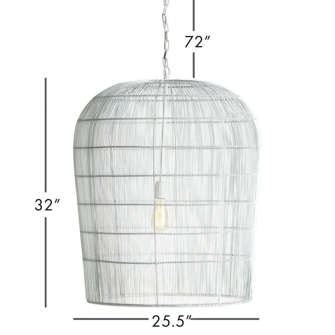 Large white woven iron pendant light diagram showing fixture width and height with the chain length above, Coastal style