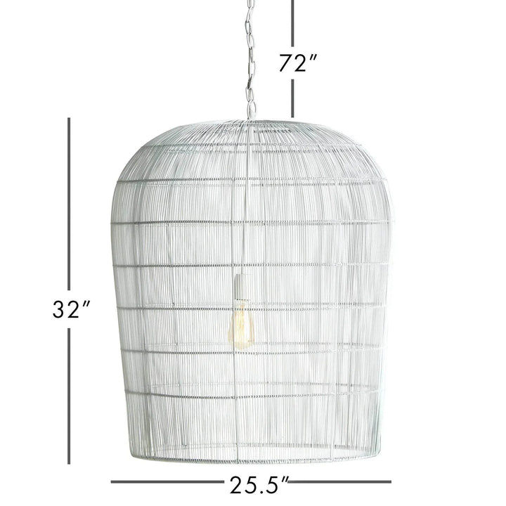 Large white woven iron pendant light diagram showing fixture width and height with the chain length above, Coastal style