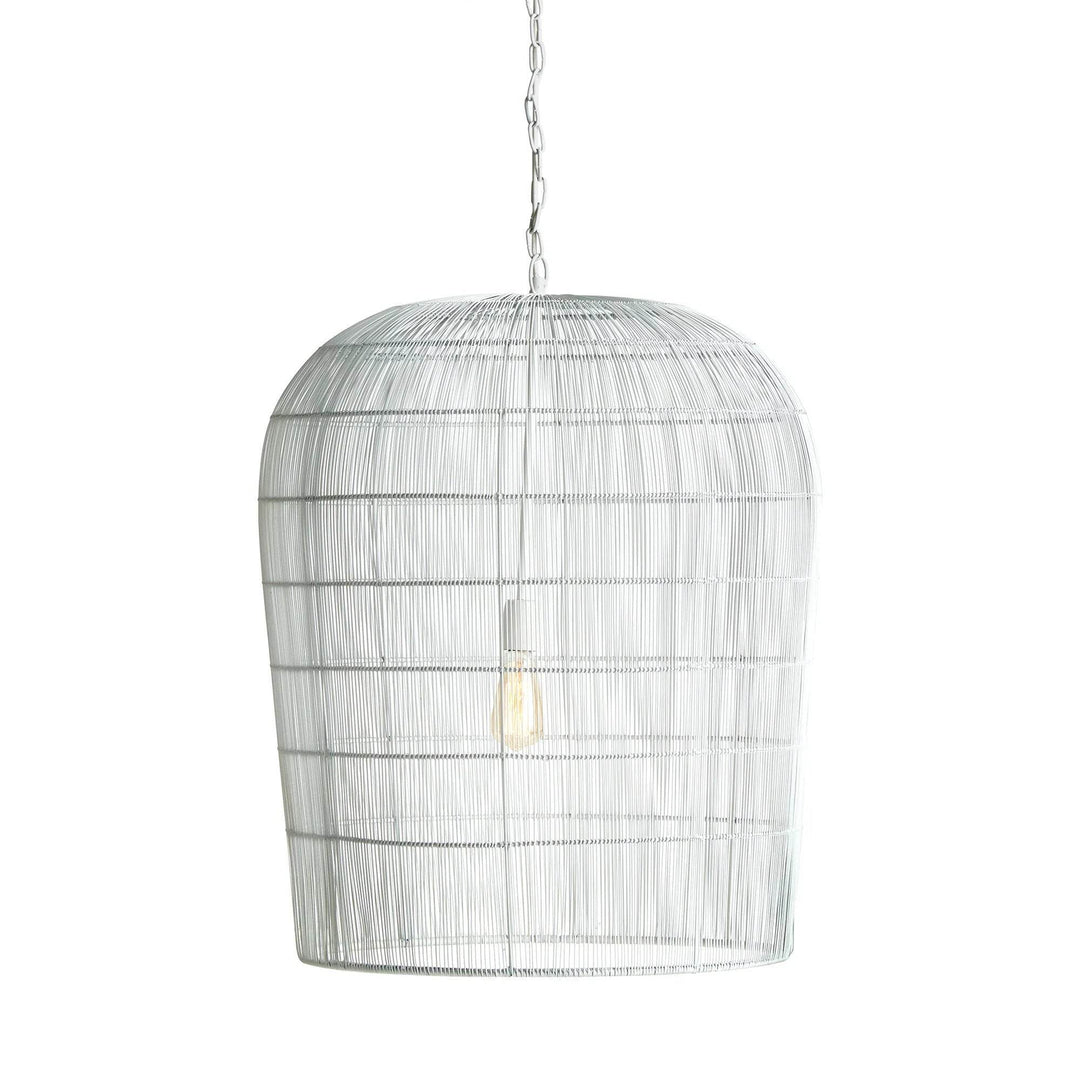 Large white woven iron pendant light with a tall rounded cage shade, open lower rim and chain against white, Coastal style