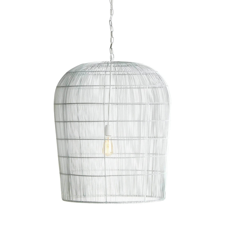 Large white woven iron pendant light with a tall rounded cage shade, open lower rim and chain against white, Coastal style