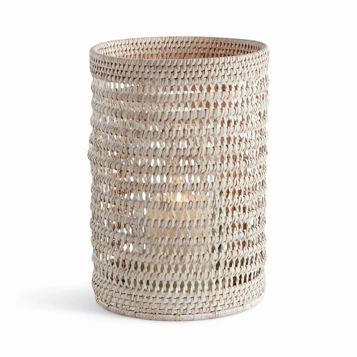 Large whitewash handwoven rattan hurricane candleholder with open cylindrical body and glass insert, on white, Transitional
