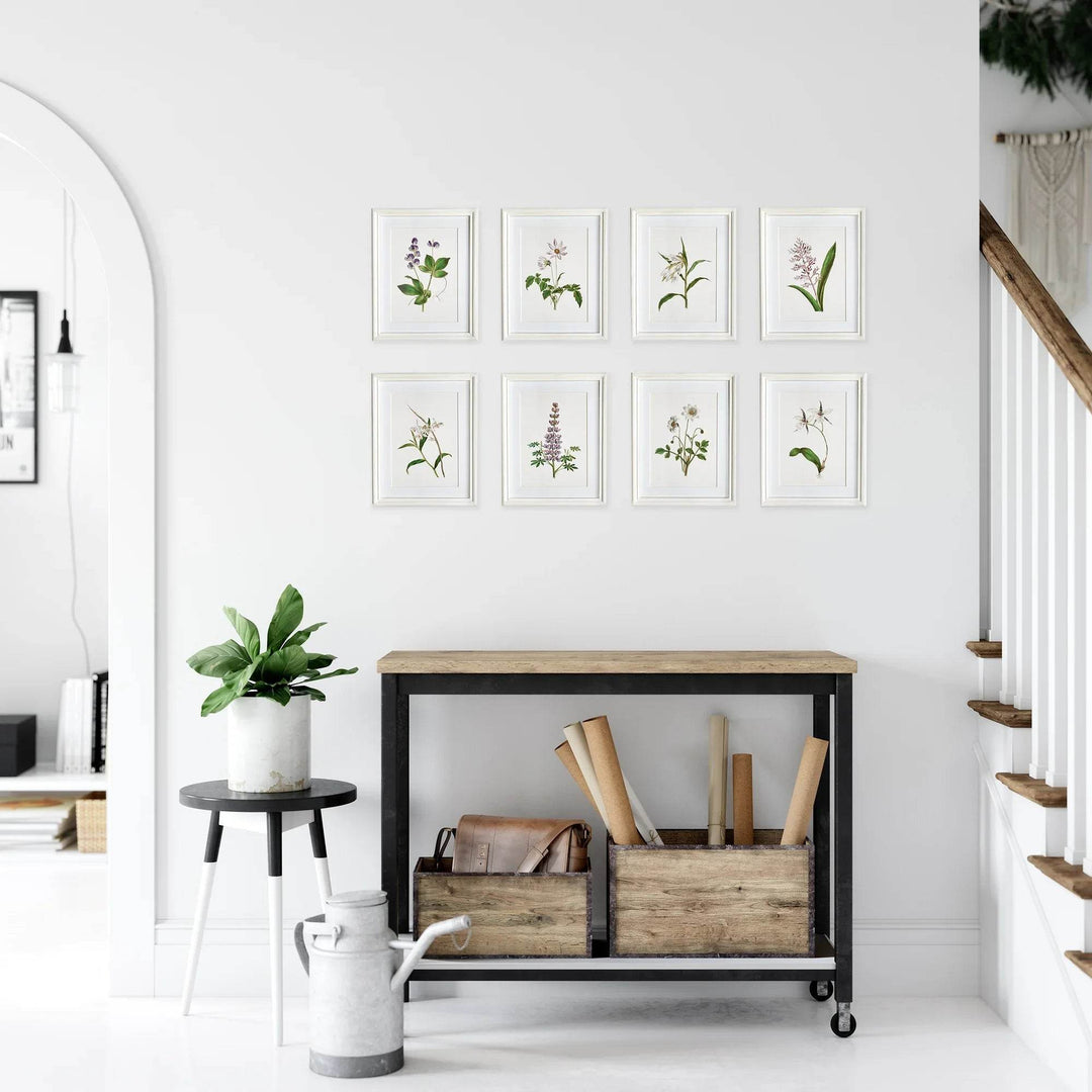 Entryway styled with lavender botanical wall art set in white frames and cottage decor