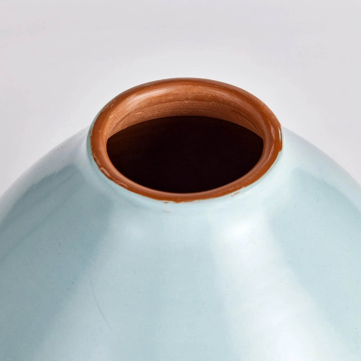 Detail view of vase rim showing smooth light blue glaze and warm earthen interior – Modern Organic.