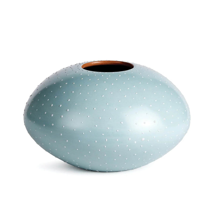 Side profile of medium round light blue ceramic vase with white dots and smooth matte finish – Modern Organic.

