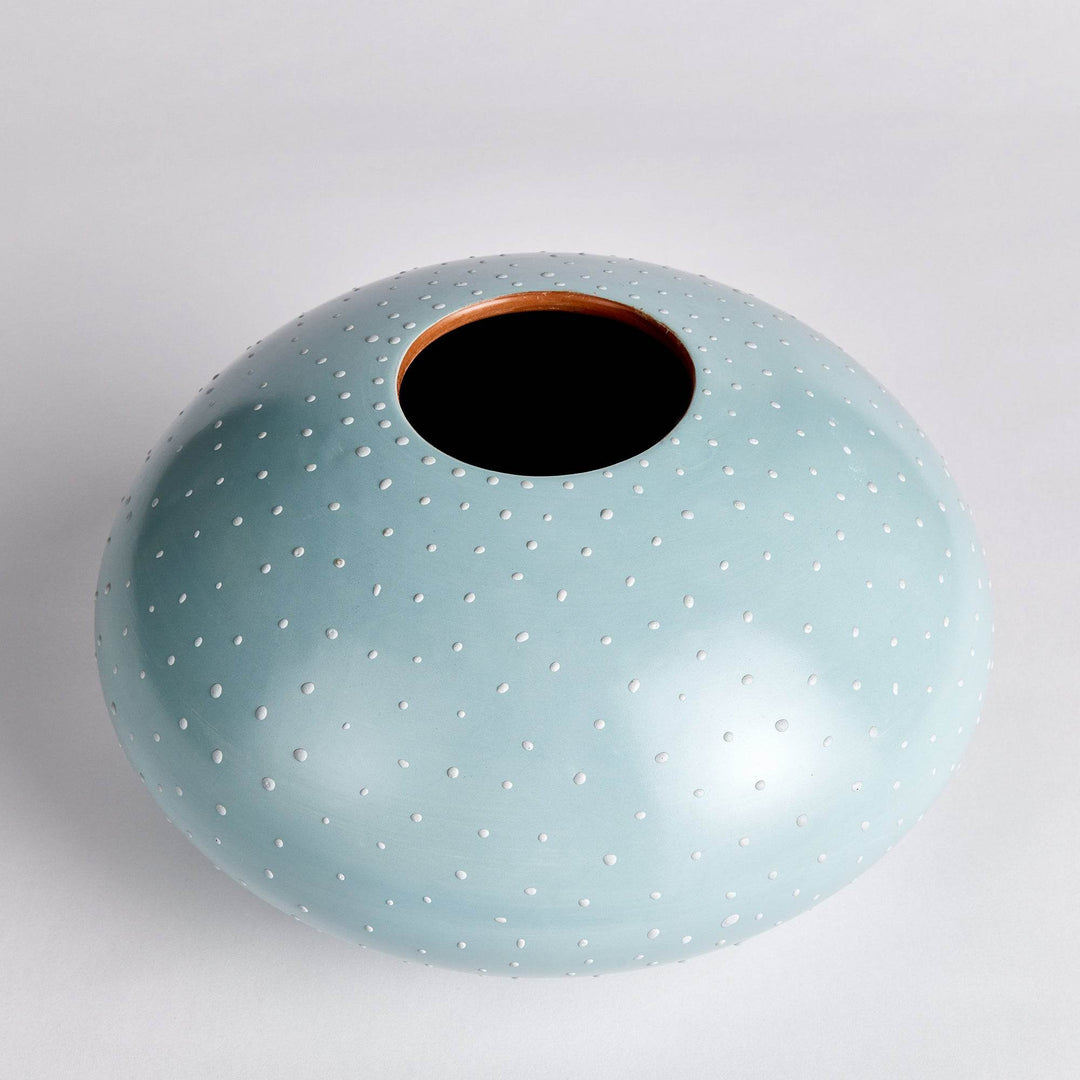 Top-down view of medium blue ceramic vase with white stippling and soft rounded form – Modern Organic.

