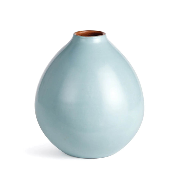 Light blue ceramic vase with smooth finish and rounded silhouette, displayed on white background – Modern Organic.