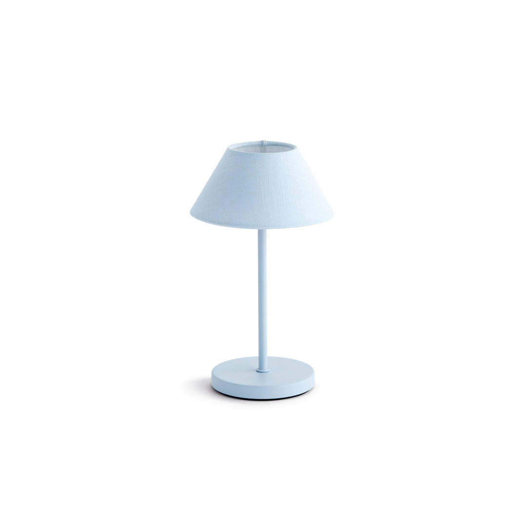 Light blue cordless LED table lamp with linen empire shade, rechargeable battery, and touch dimming controls, 10 inch size – Coastal Transitional