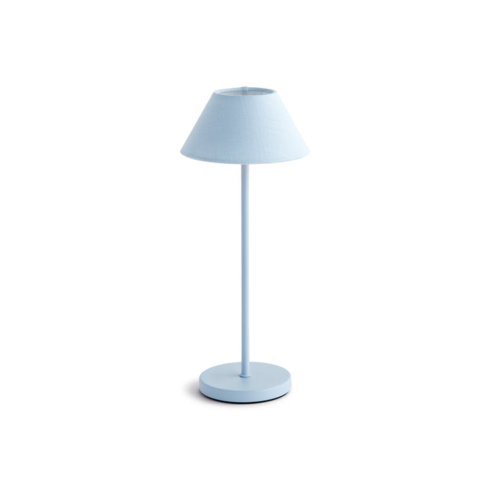 Light blue cordless LED table lamp with linen empire shade, rechargeable battery, and touch dimming controls, 14 inch size – Coastal Transitional