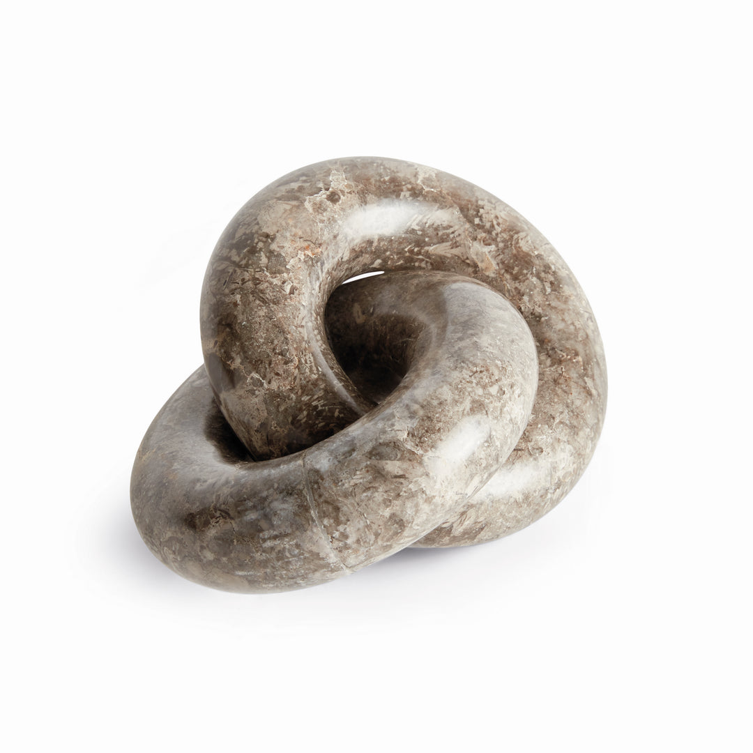 Linked marble rings sculpture with gray and brown veining, showing two rounded interlocking loops on white - Modern Organic