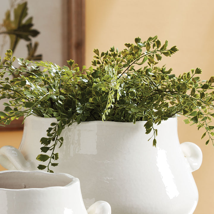 18-inch artificial maidenhair fern arranged in a white handled vessel, with fronds spreading above the rim. Transitional
