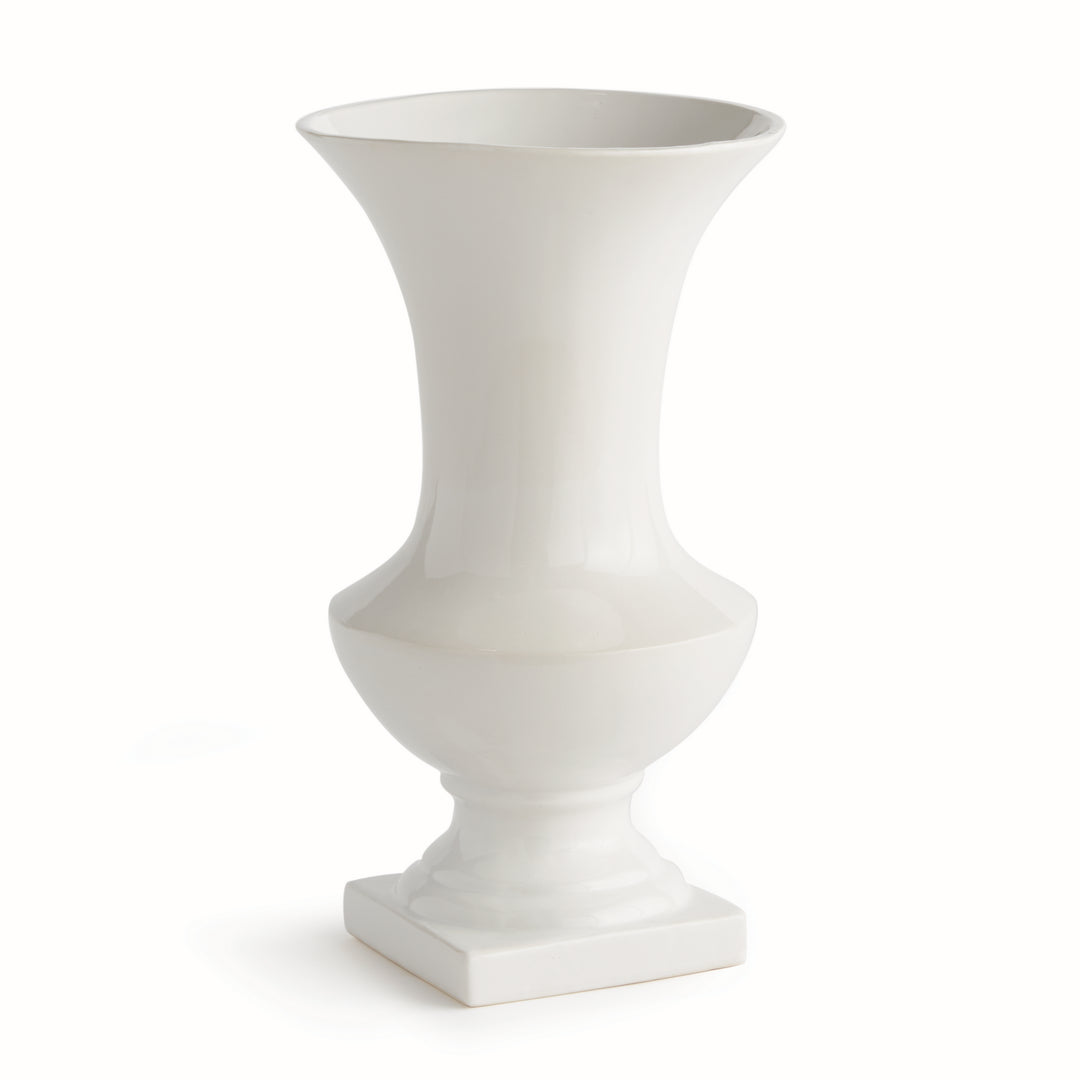 Large white ceramic trumpet vase with a curved body, flared opening and square footed base, shown alone in Traditional style