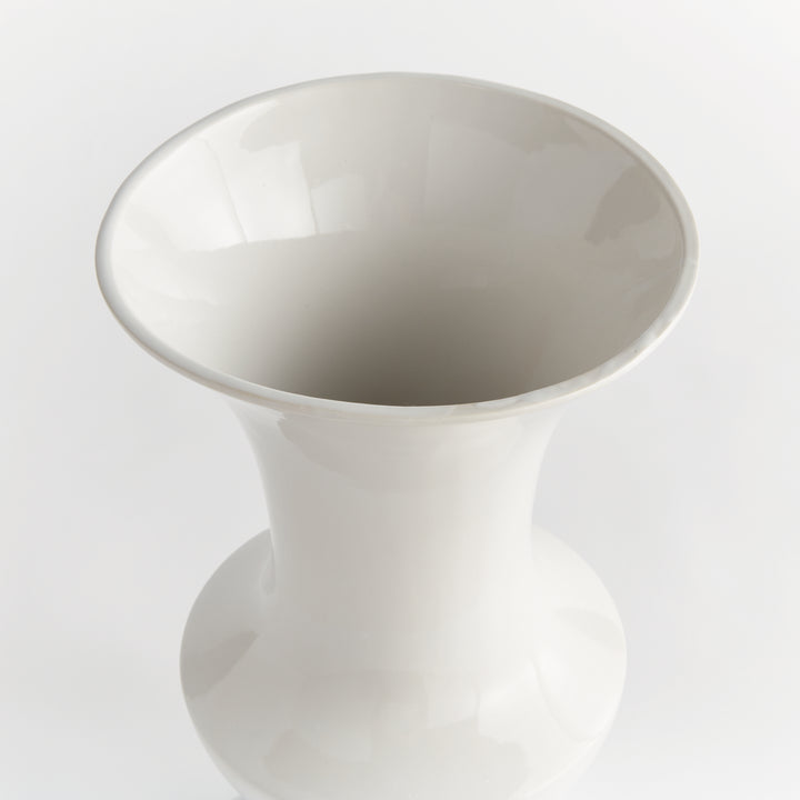 Overhead view of a large white ceramic trumpet vase with an open flared rim and smooth interior, shown in Traditional style