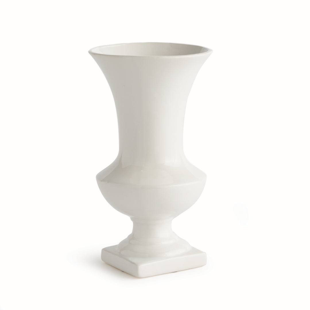 Medium white ceramic trumpet vase with a flared opening, shaped body and square footed base, shown alone in Traditional style