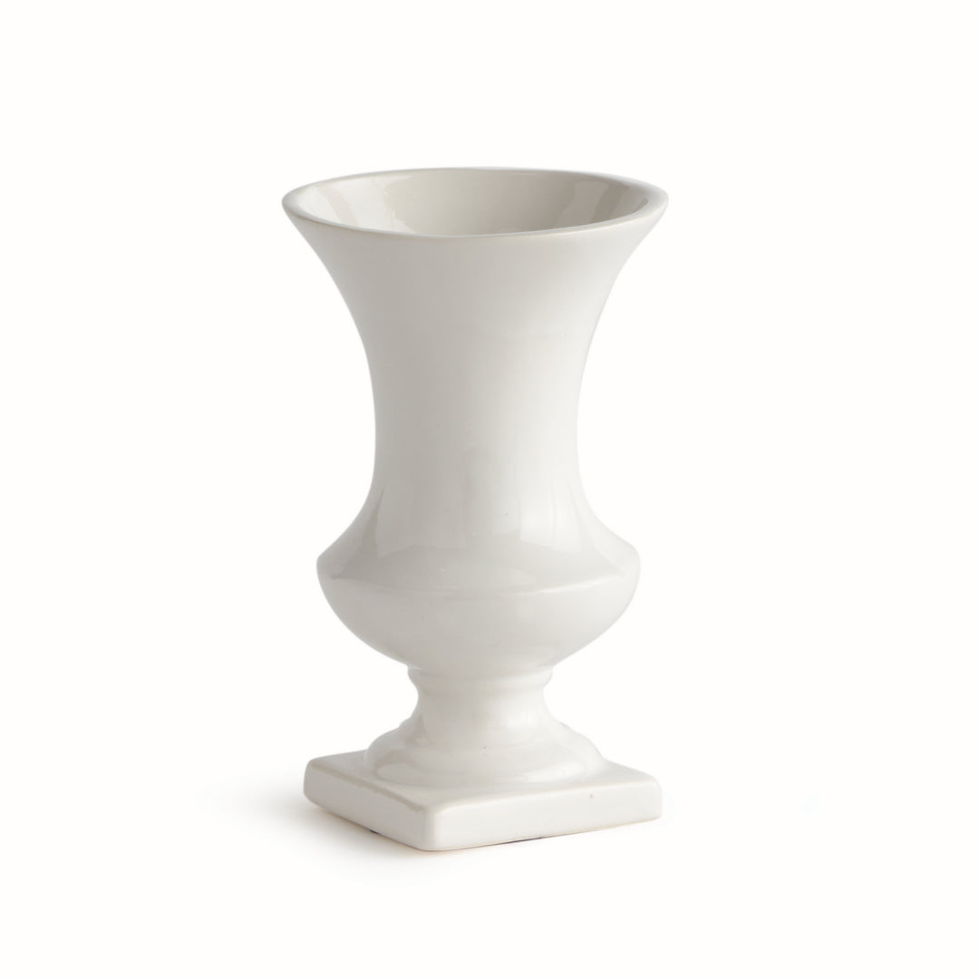 Small white ceramic trumpet vase with a flared rim, curved body and square footed base, shown alone in Traditional style