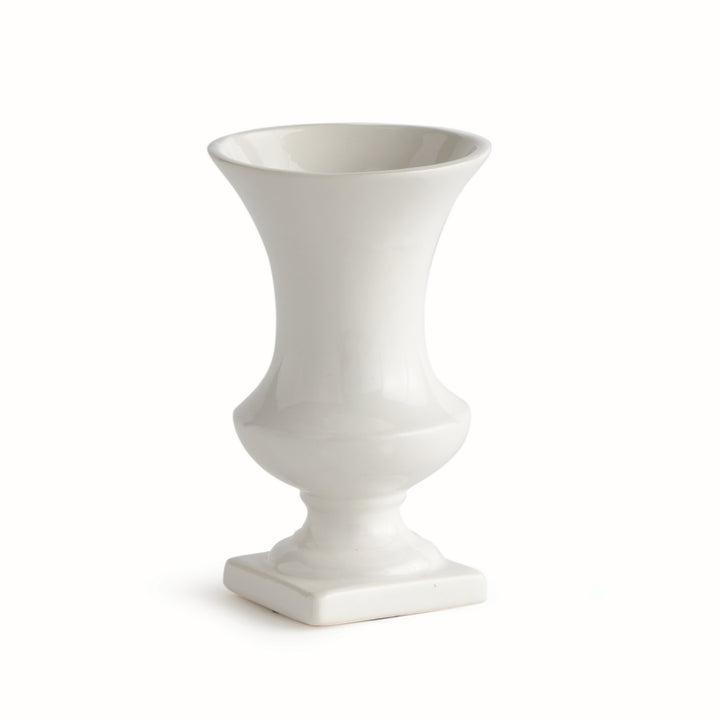 Small white ceramic trumpet vase with a flared rim, curved body and square footed base, shown alone in Traditional style