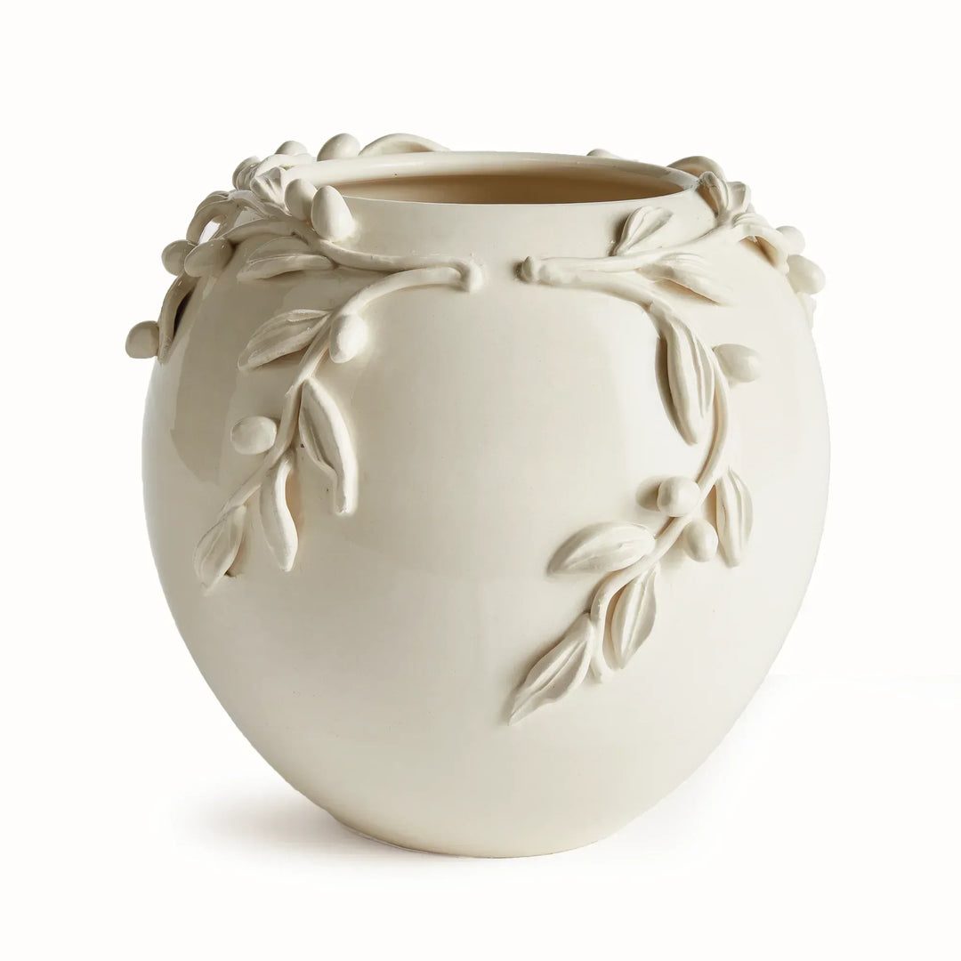 White Italian ceramic vase with a rounded body, broad opening and raised olive branches around its shoulders. Traditional