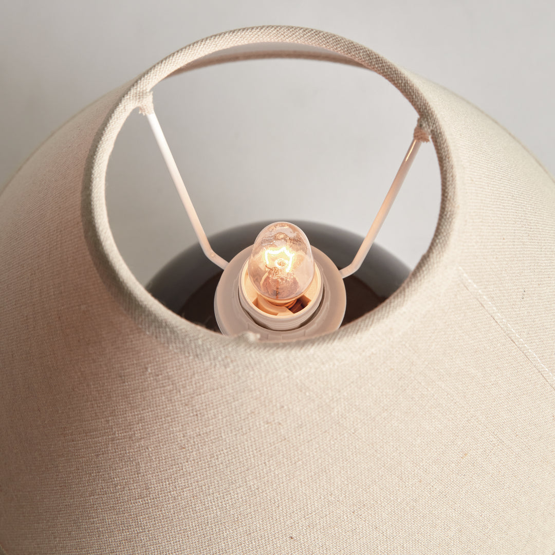 Mini ceramic table lamp linen shade interior socket detail showing bulb holder modern accent lighting style