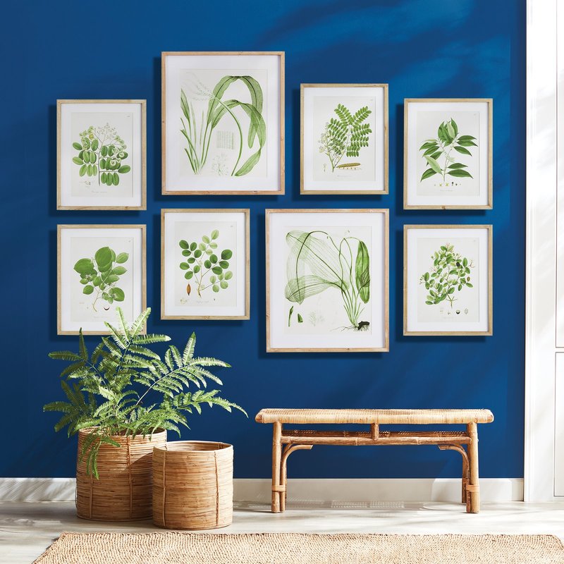 Botanical wall art gallery set styled against a navy blue wall with natural rattan decor – optimized for mobile view