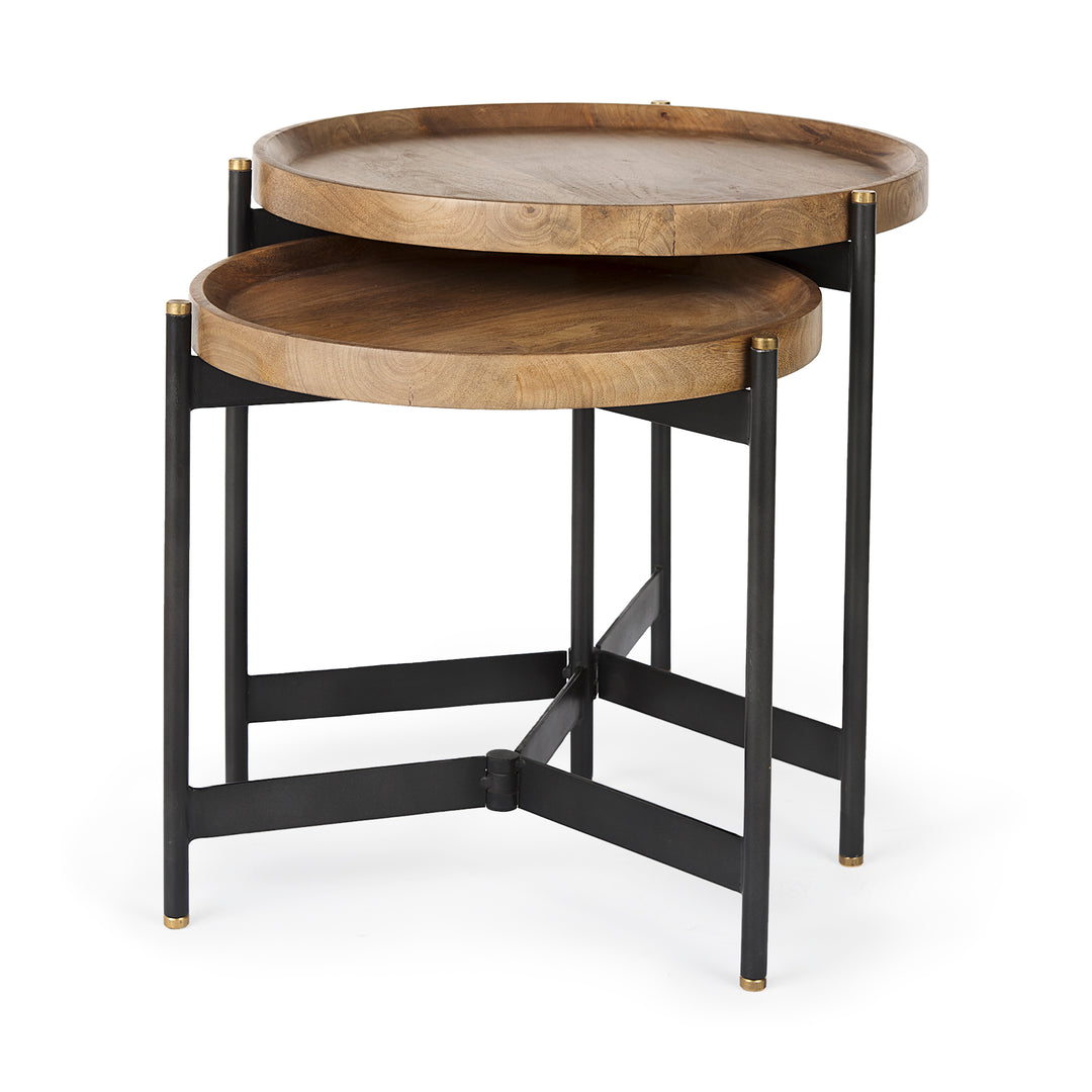 Angled view of mango wood nesting side tables with round tray tops and slim black iron frames – Modern Organic