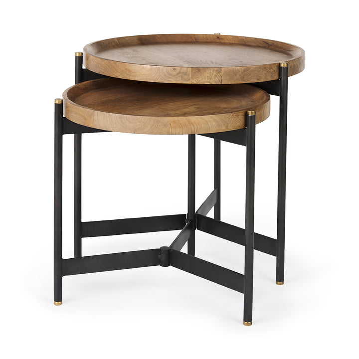 Angled view of mango wood nesting side tables with round tray tops and slim black iron frames – Modern Organic