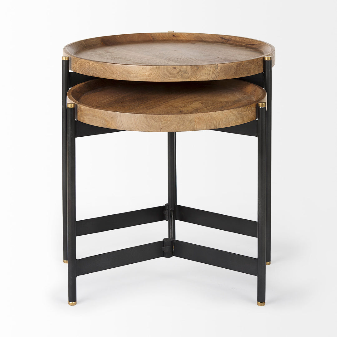 Nested mango wood side tables with solid wood tray tops, black iron frames, and gold metal foot caps – Modern Organic