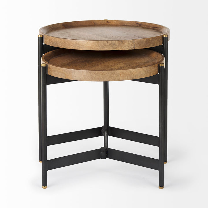 Nested mango wood side tables with solid wood tray tops, black iron frames, and gold metal foot caps – Modern Organic