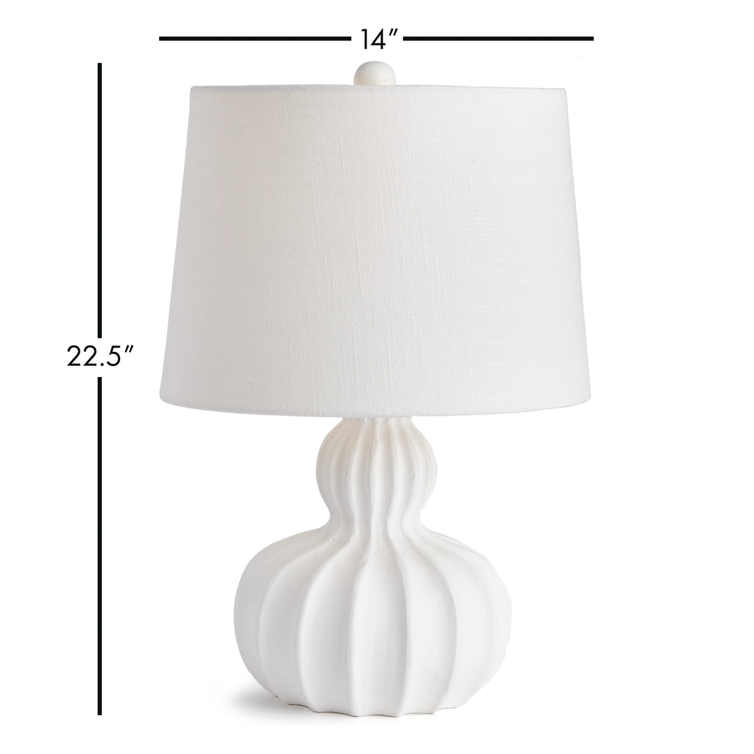 Dimensional reference of mango wood table lamp with height and diameter shown on white background

