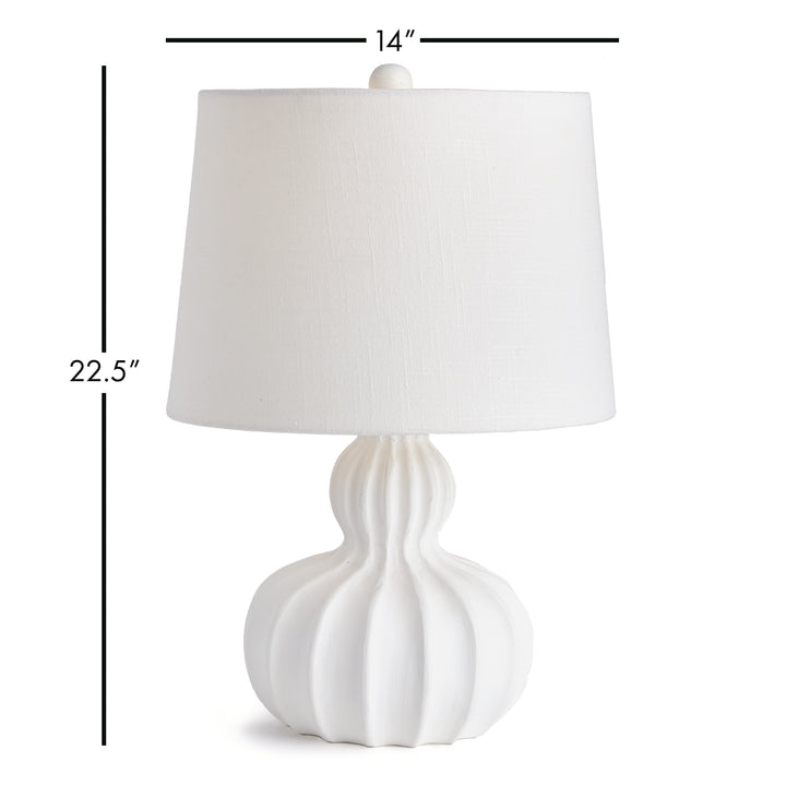 Dimensional reference of mango wood table lamp with height and diameter shown on white background

