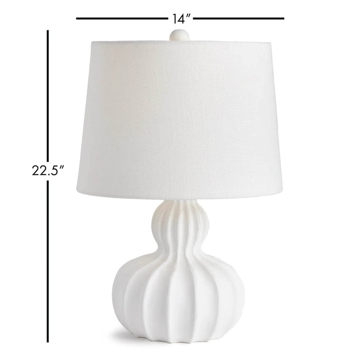 Dimensional reference of mango wood table lamp with height and diameter shown on white background

