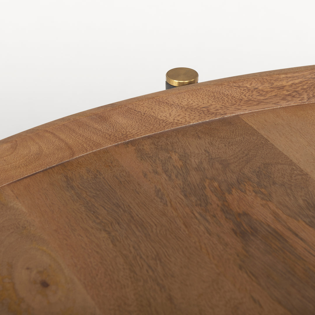 Close-up of solid mango wood tabletop showing warm brown finish and natural grain variation – Modern Organic