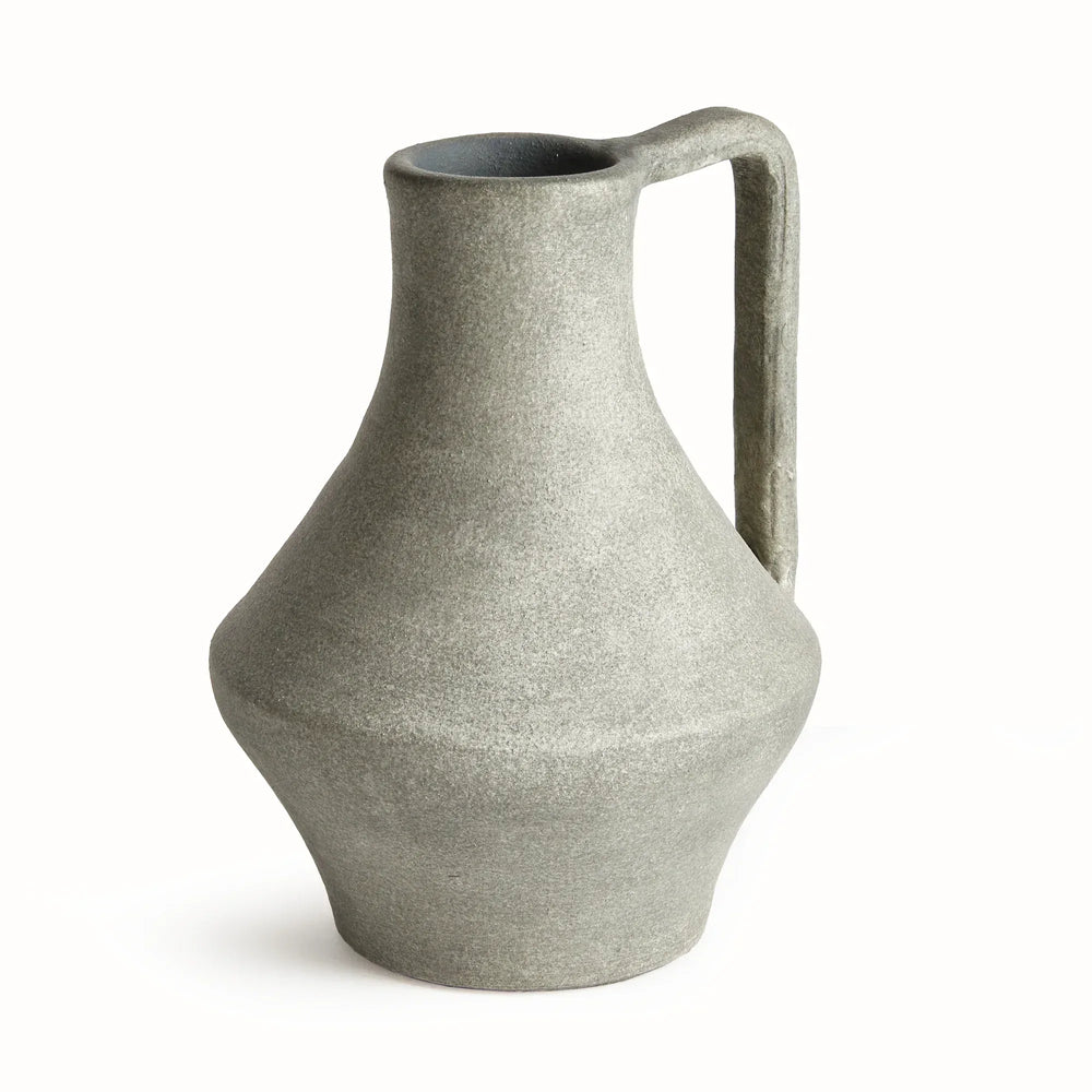 Gray terracotta jug vase with a tall neck, flared body and elongated handle, showing mottled textured finish. Modern Organic