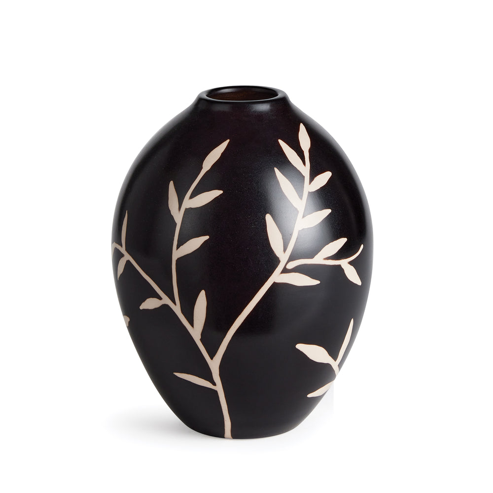 Front view of medium black terracotta vase showing botanical vine pattern on rounded form – Modern Organic.