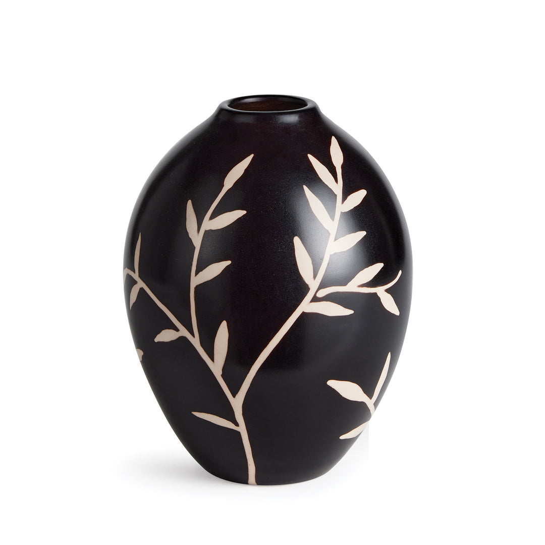 Front view of medium black terracotta vase showing botanical vine pattern on rounded form – Modern Organic.