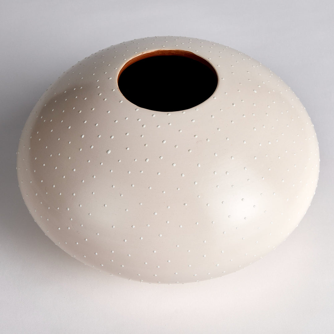 Medium round ceramic vase in off-white matte glaze with hand-applied stippling and low, sculptural profile – Modern Organic

