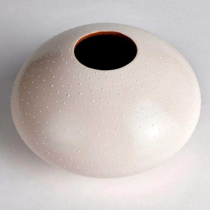Medium round ceramic vase in off-white matte glaze with hand-applied stippling and low, sculptural profile – Modern Organic

