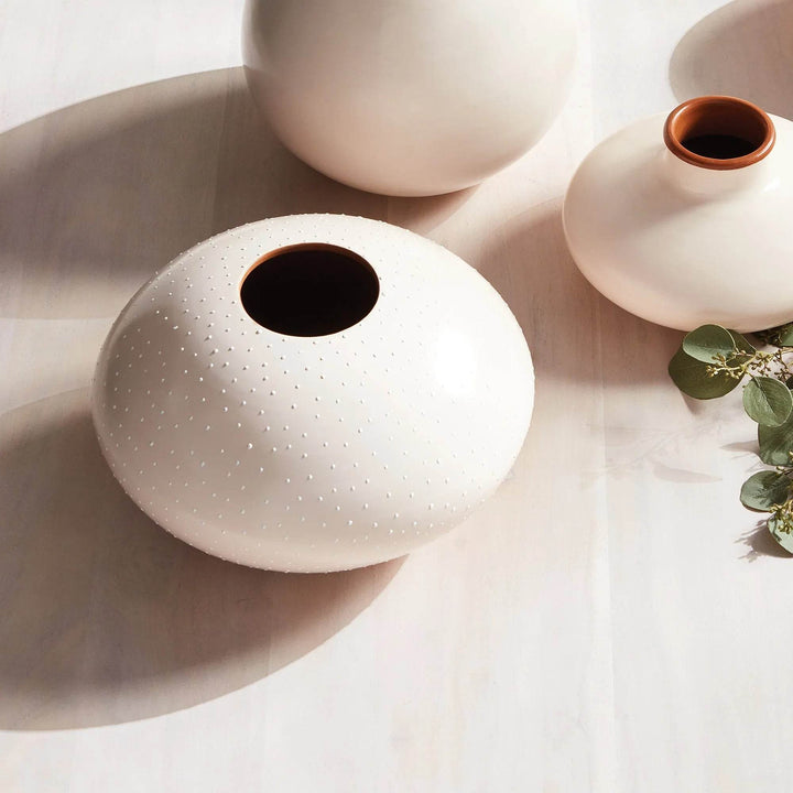 Medium off-white ceramic vase styled on shelf with books and indoor palm accent – Modern Organic

