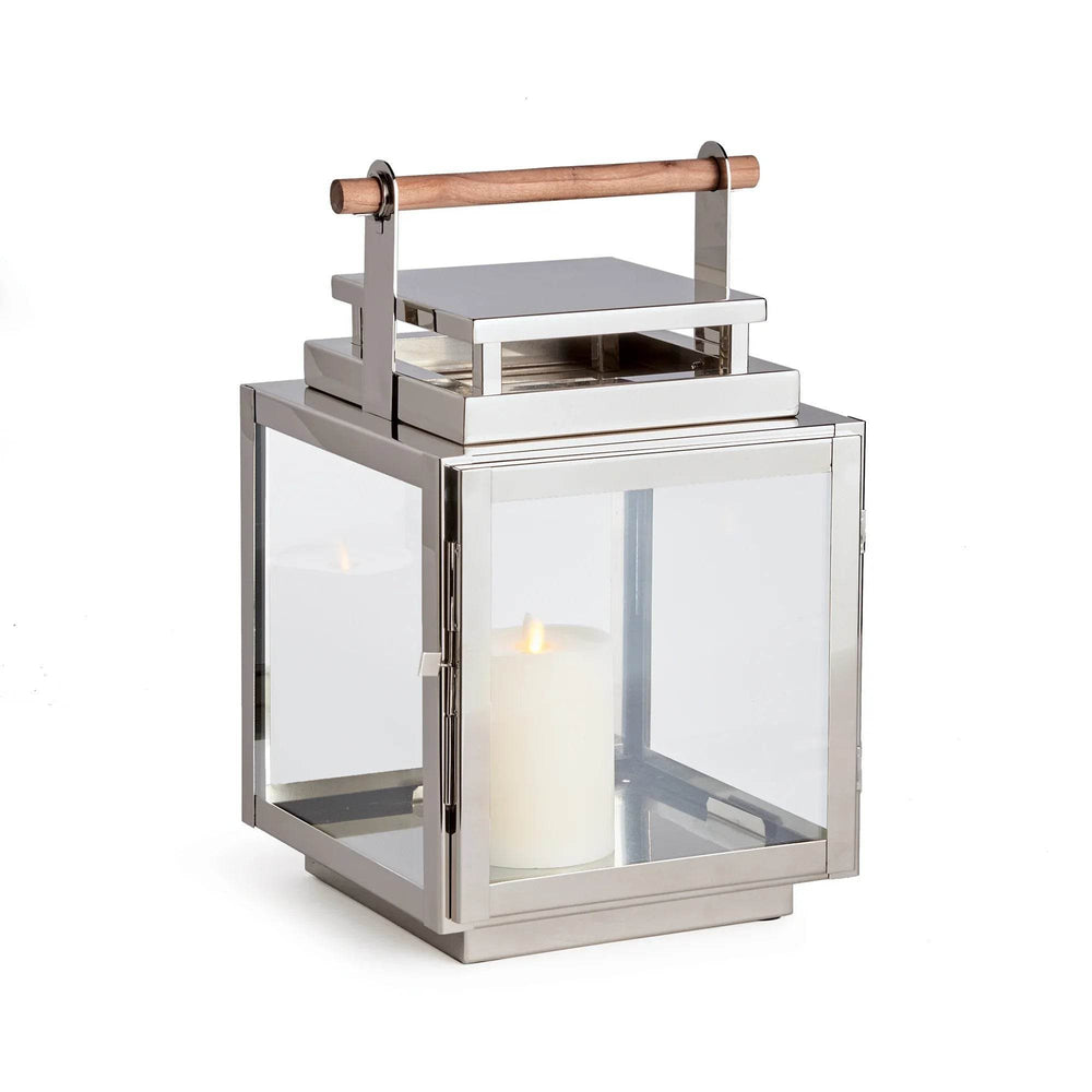 Front view of Modern Coastal Outdoor Lantern in medium size with stainless steel and glass panels