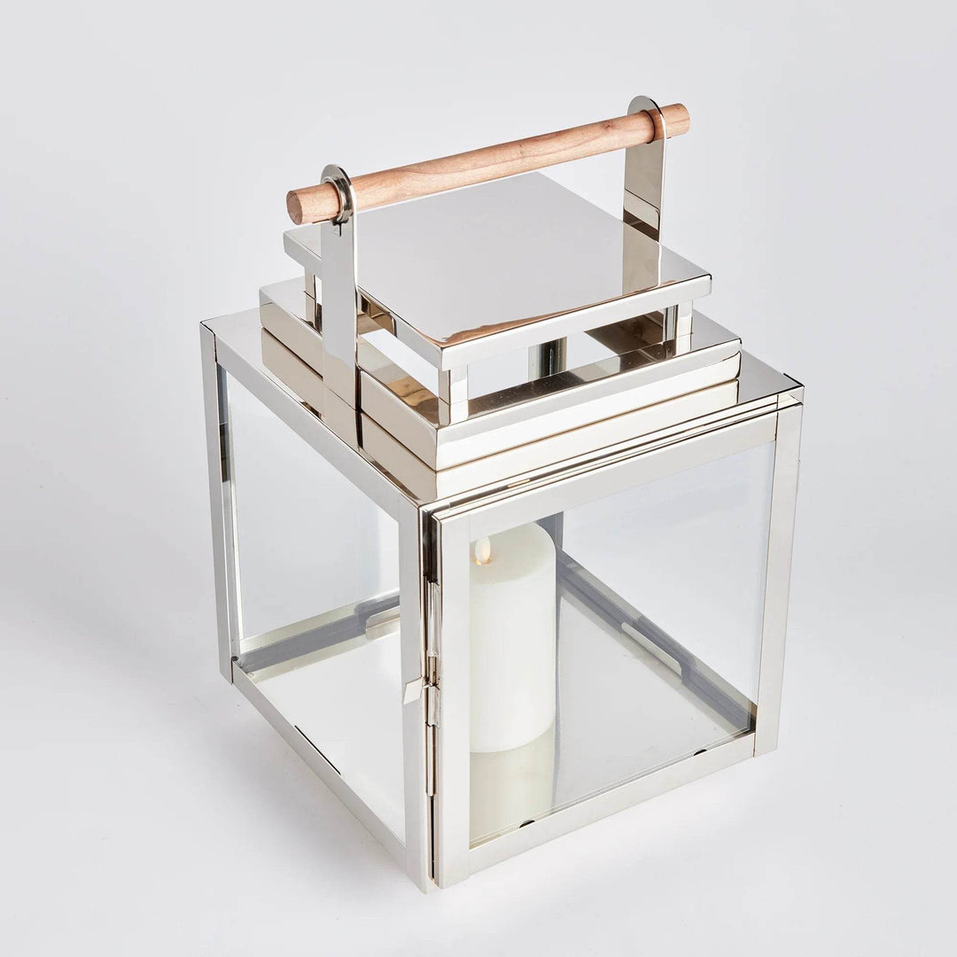 Studio silo image of Modern Coastal medium lantern in stainless steel with glass sides and teak handle