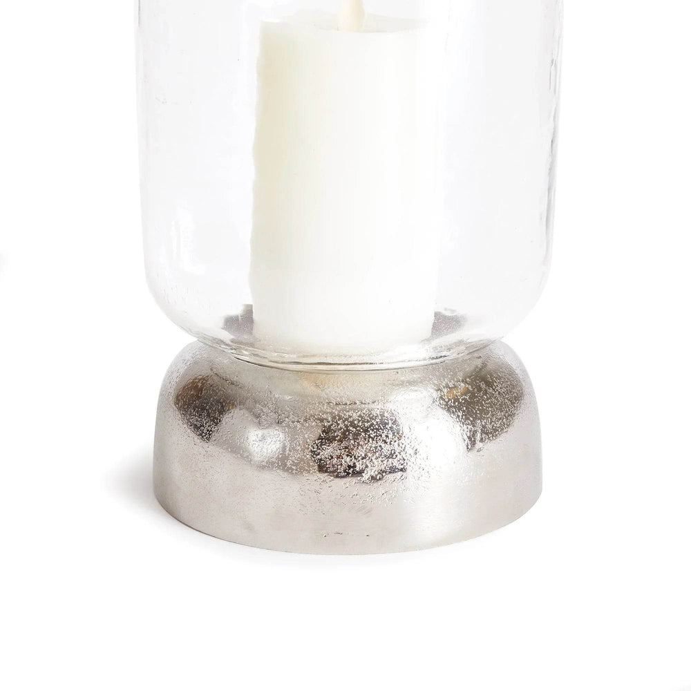 Silver metal base detail of glass hurricane candle holder, showcasing polished dome shape – Transitional Modern

