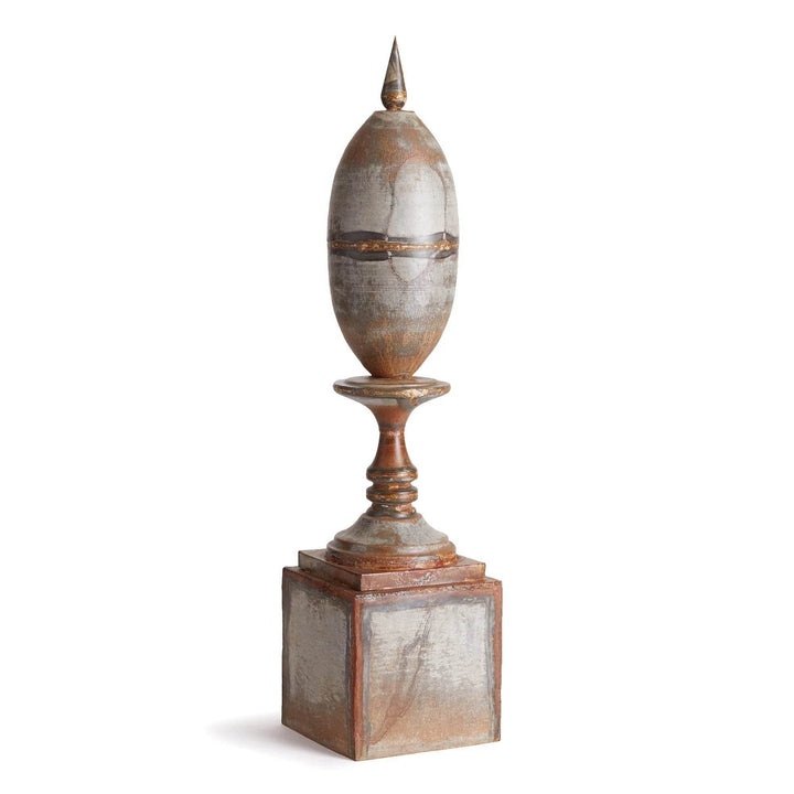 Tall rustic metal finial sculpture with antique galvanized finish isolated on white background for detail clarity.


