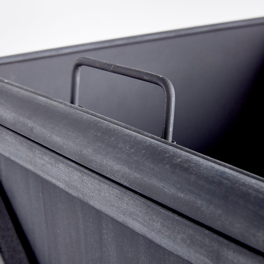 Detail view of outdoor metal planter rim with aged zinc finish and iron construction – Transitional outdoor planter