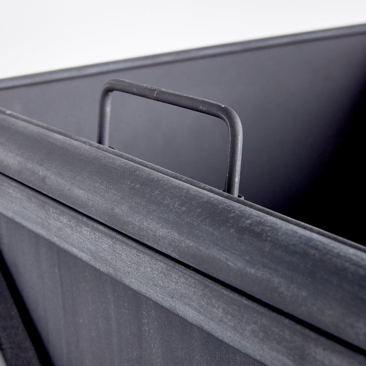 Detail view of outdoor metal planter rim with aged zinc finish and iron construction – Transitional outdoor planter