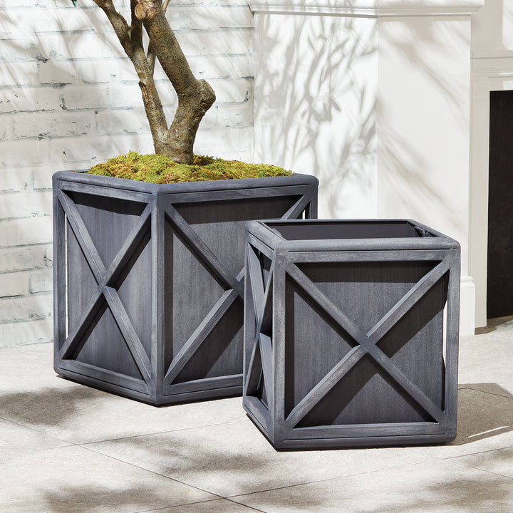 Set of outdoor metal planters with aged zinc finish and X-frame detailing for layered garden styling – Rustic planter